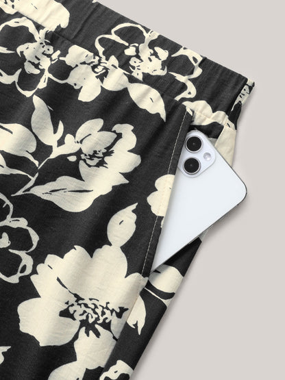 Floral Print Pull-On Wide-Leg Pants