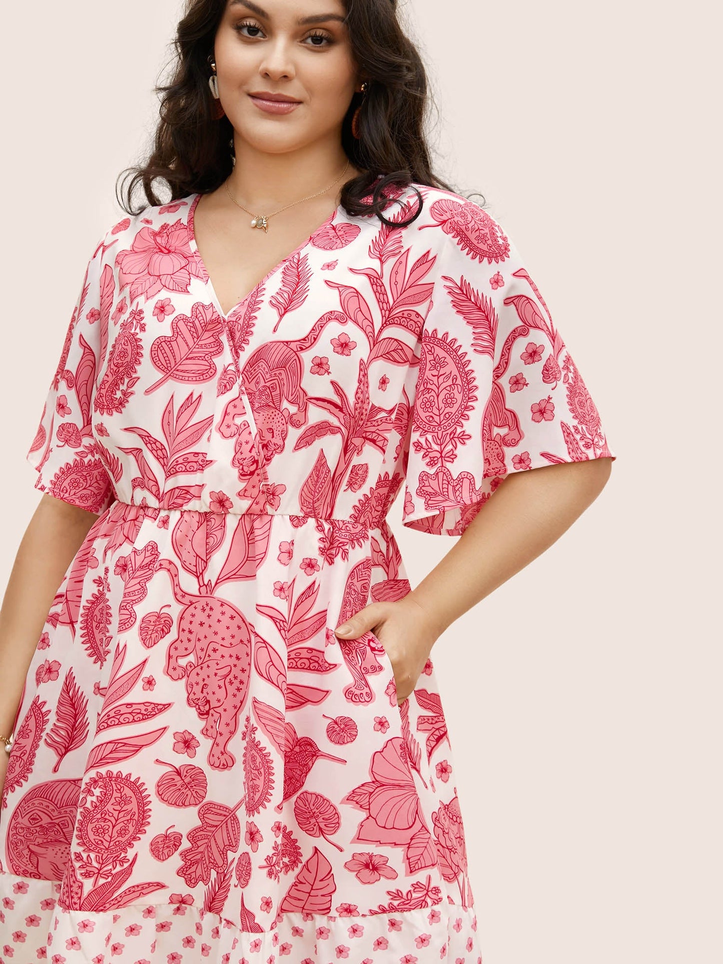Overlap Collar Boho Print Patchwork Dress