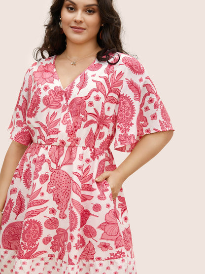 Overlap Collar Boho Print Patchwork Dress