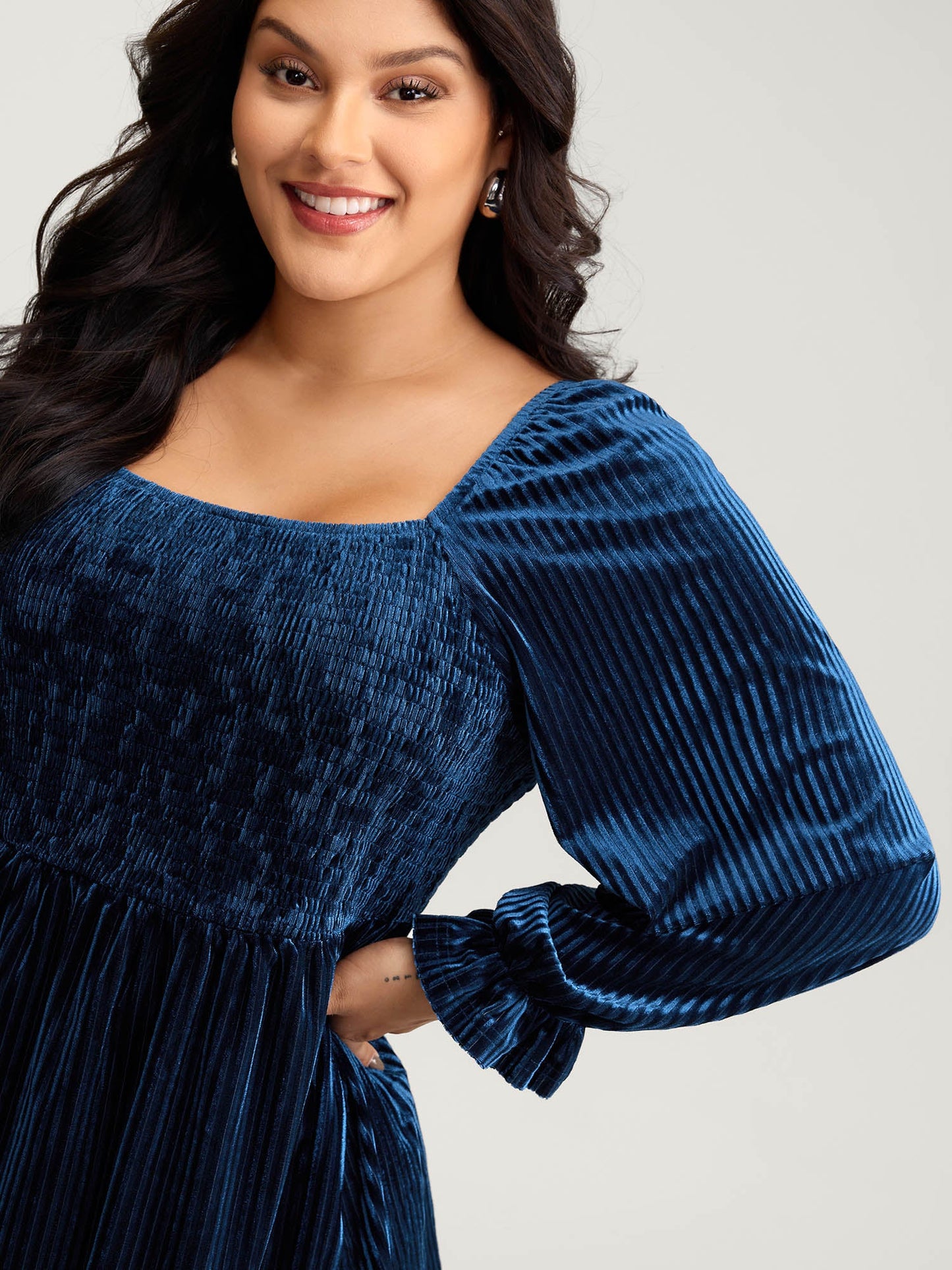 Velvet Shirred Bodice Stretchy Waist Blouse