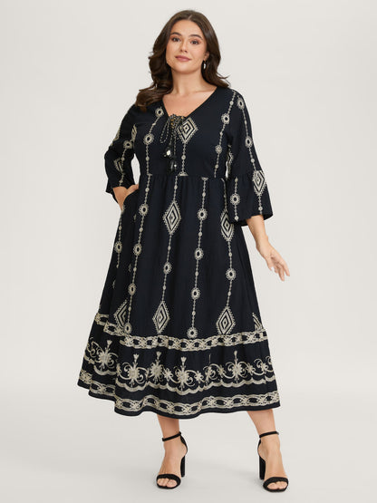 Gold Thread Embroidery Flared Sleeve Midi Dress