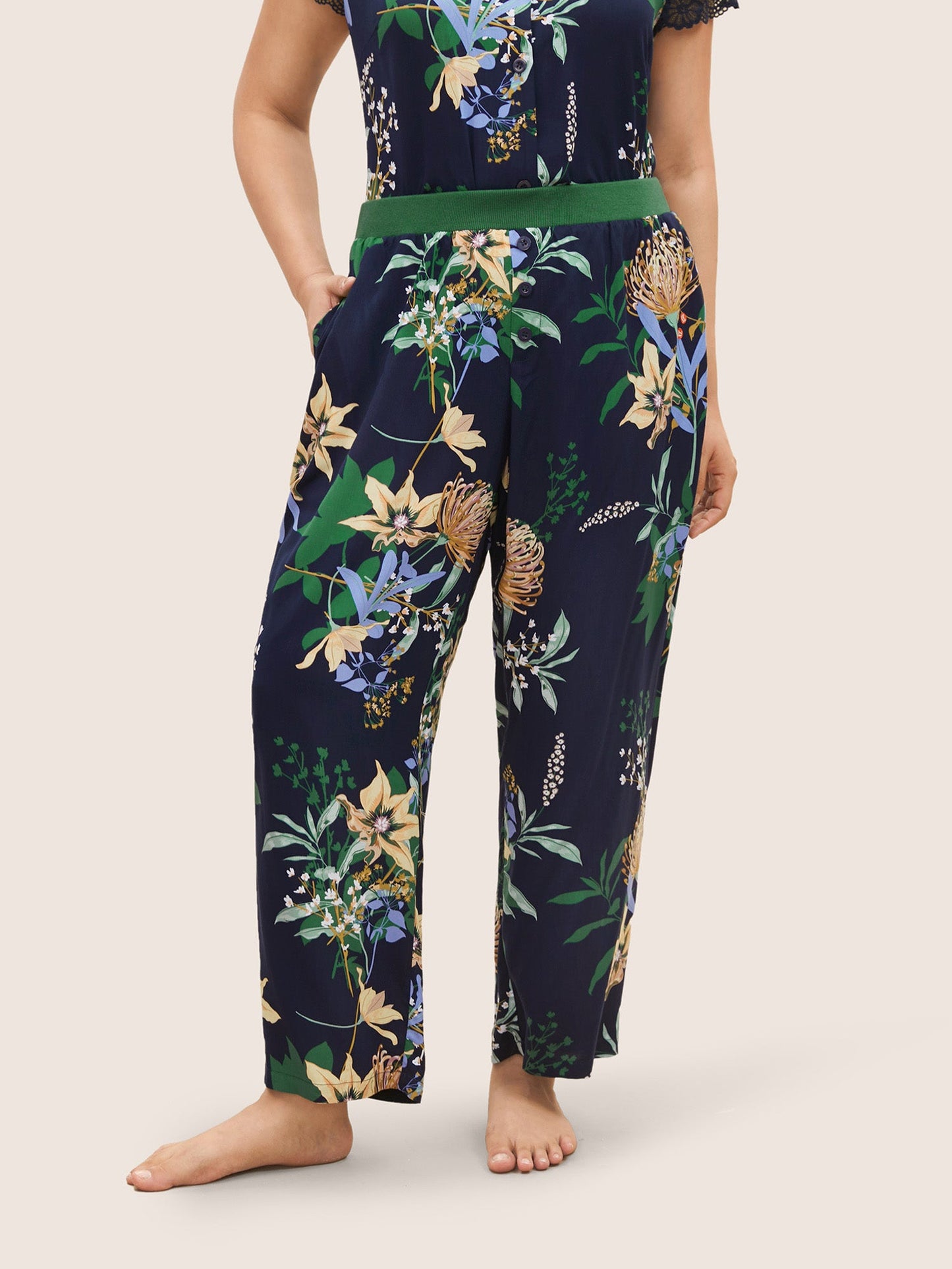 Natural Flowers Contrast Pocket Rib Knit Sleep Bottoms