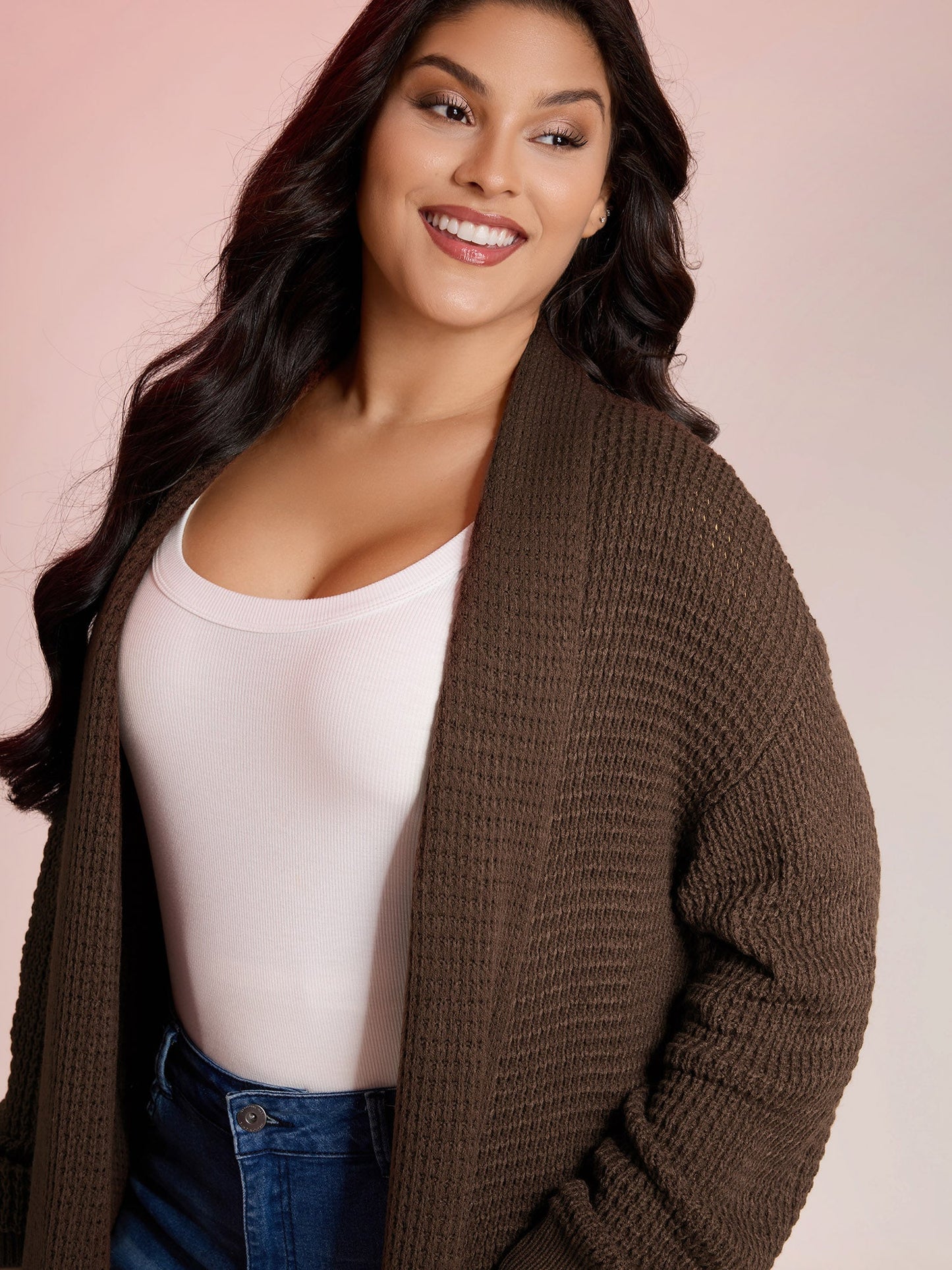 Folded Collar Pockets Slit Knit Cardigan