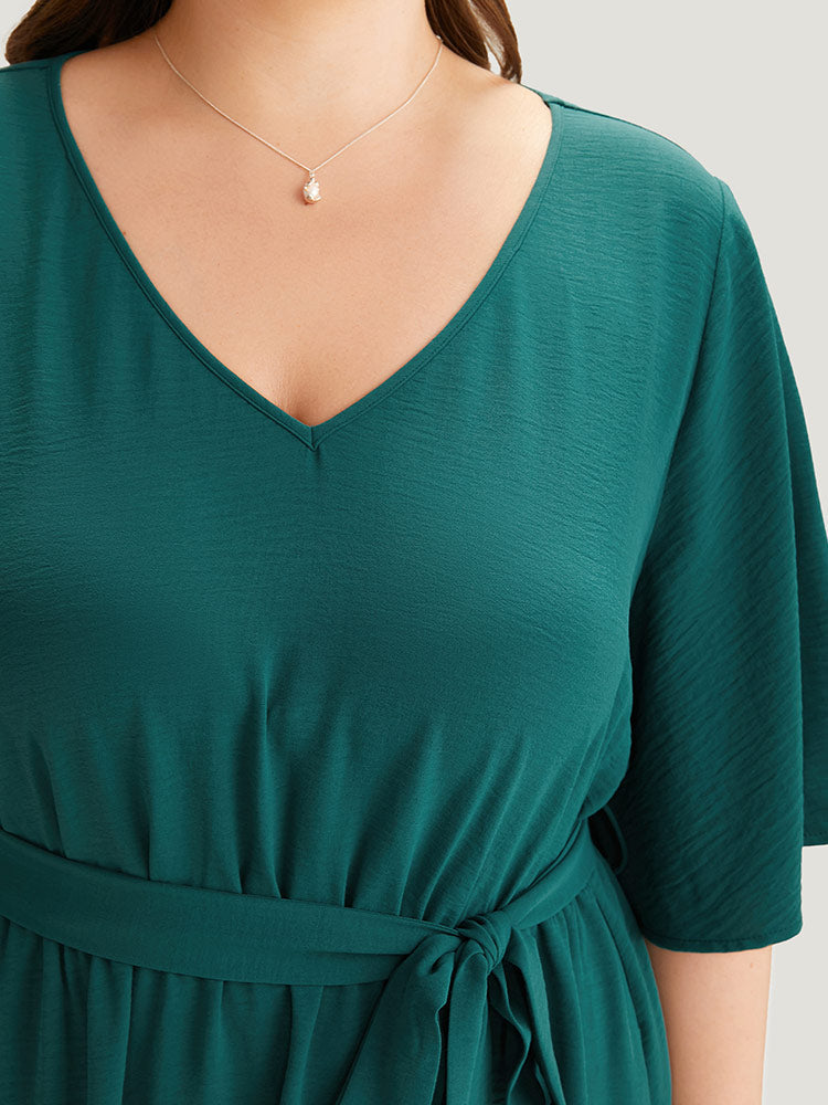 Plain Belted Laser Cut High Low Hem Dress