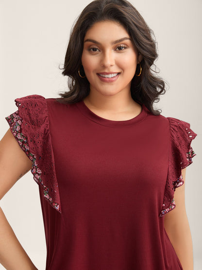 Eyelet Trim Flutter Sleeve Knit Top