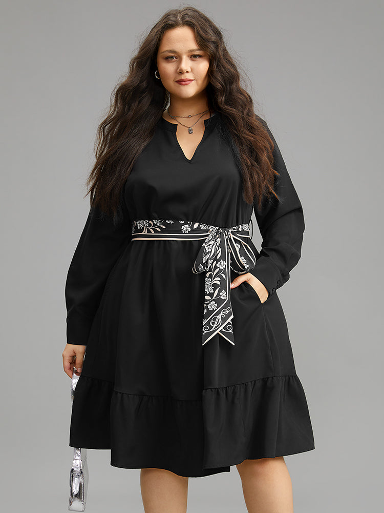 Anti-Wrinkle Floral Print Belted Notched Dress