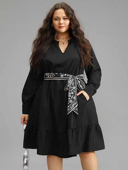 Anti-Wrinkle Floral Print Belted Notched Dress