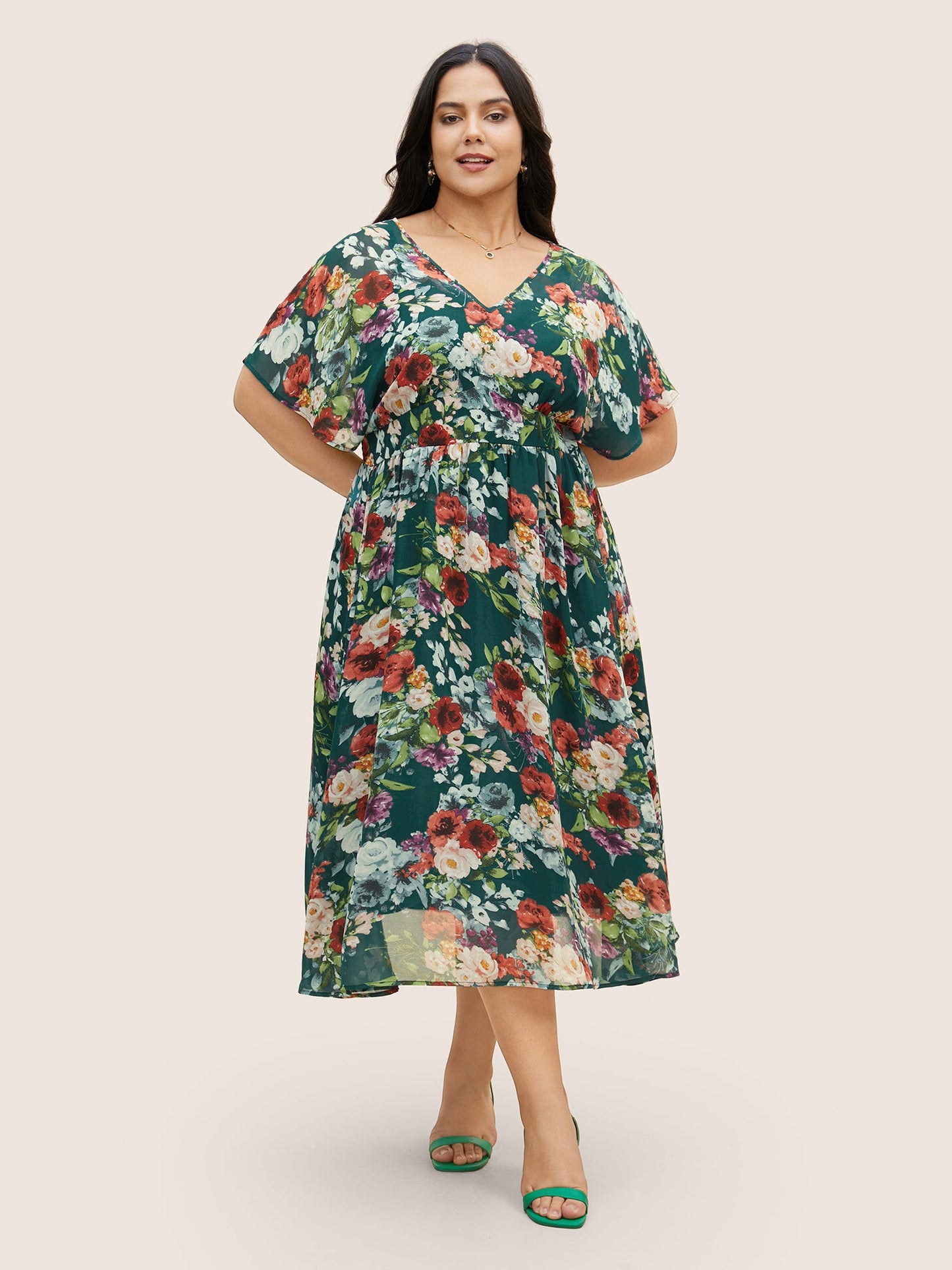 V Neck Chiffon Floral Dolman Sleeve Dress