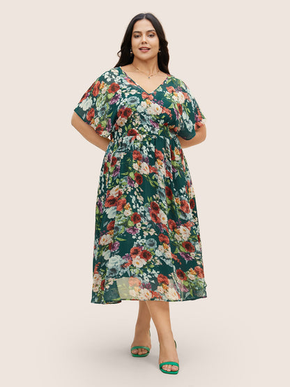 V Neck Chiffon Floral Dolman Sleeve Dress