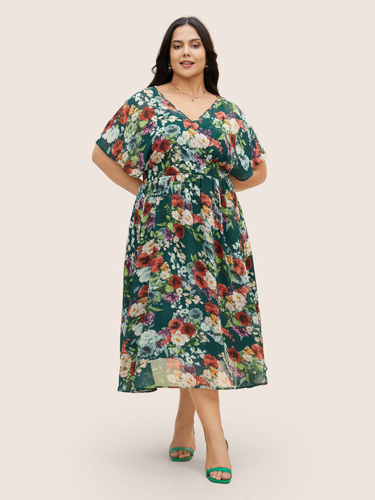 V Neck Chiffon Floral Dolman Sleeve Dress