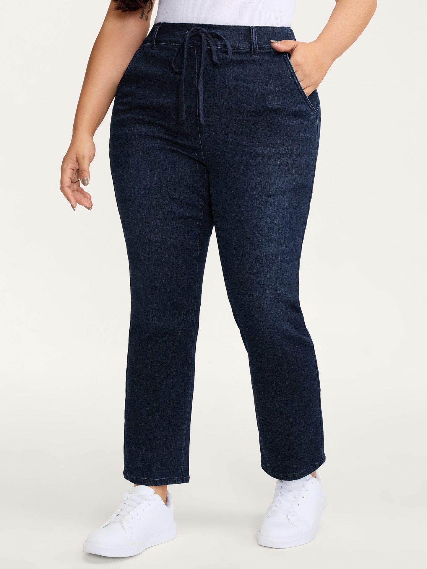 Supersoft Elastic Waistband Drawstring Straight Leg Jeans