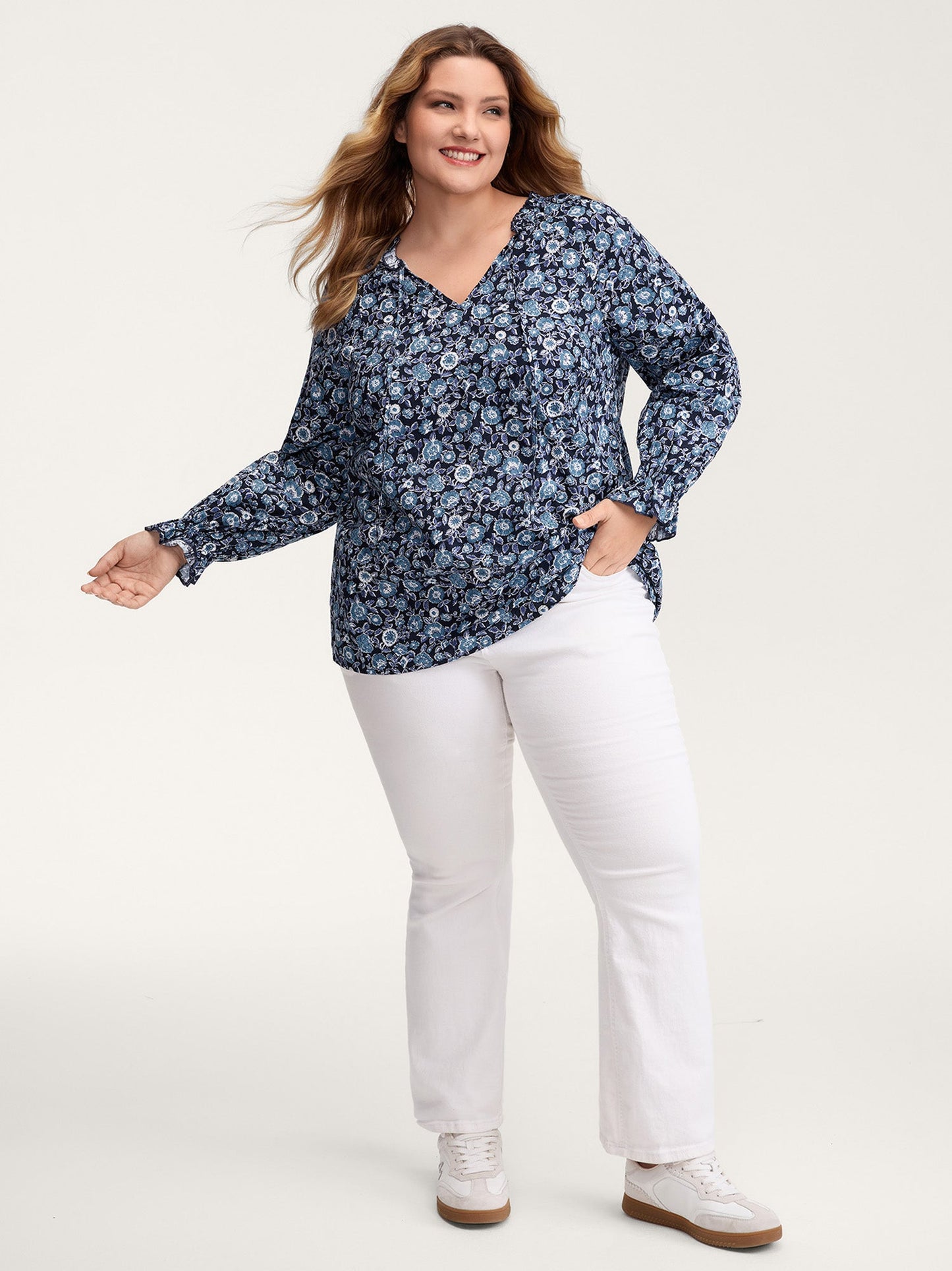 Cotton Floral Print Toothpick Pleats Blouse