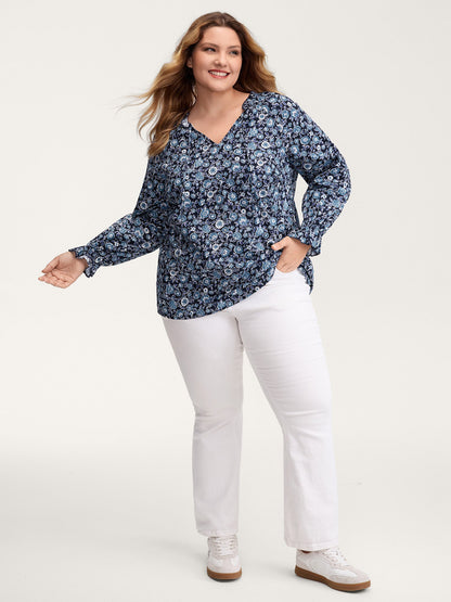 Cotton Floral Print Toothpick Pleats Blouse