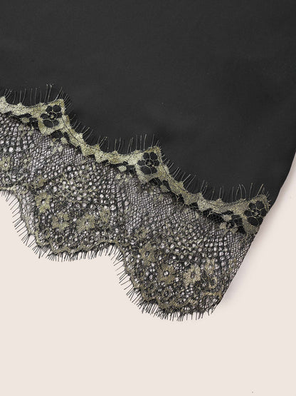 Contrast Lace Patchwork Scalloped Trim Belted Robe