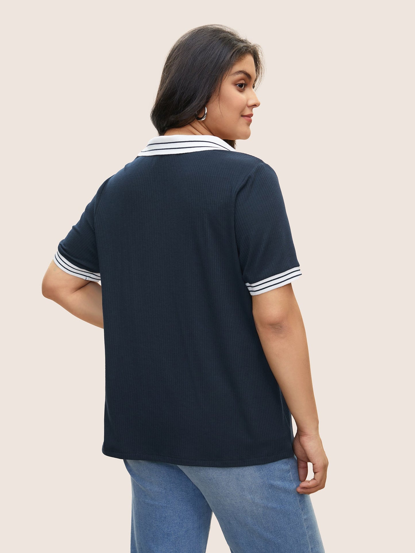 Striped Patchwork Polo Neck Rib Knit T-shirt