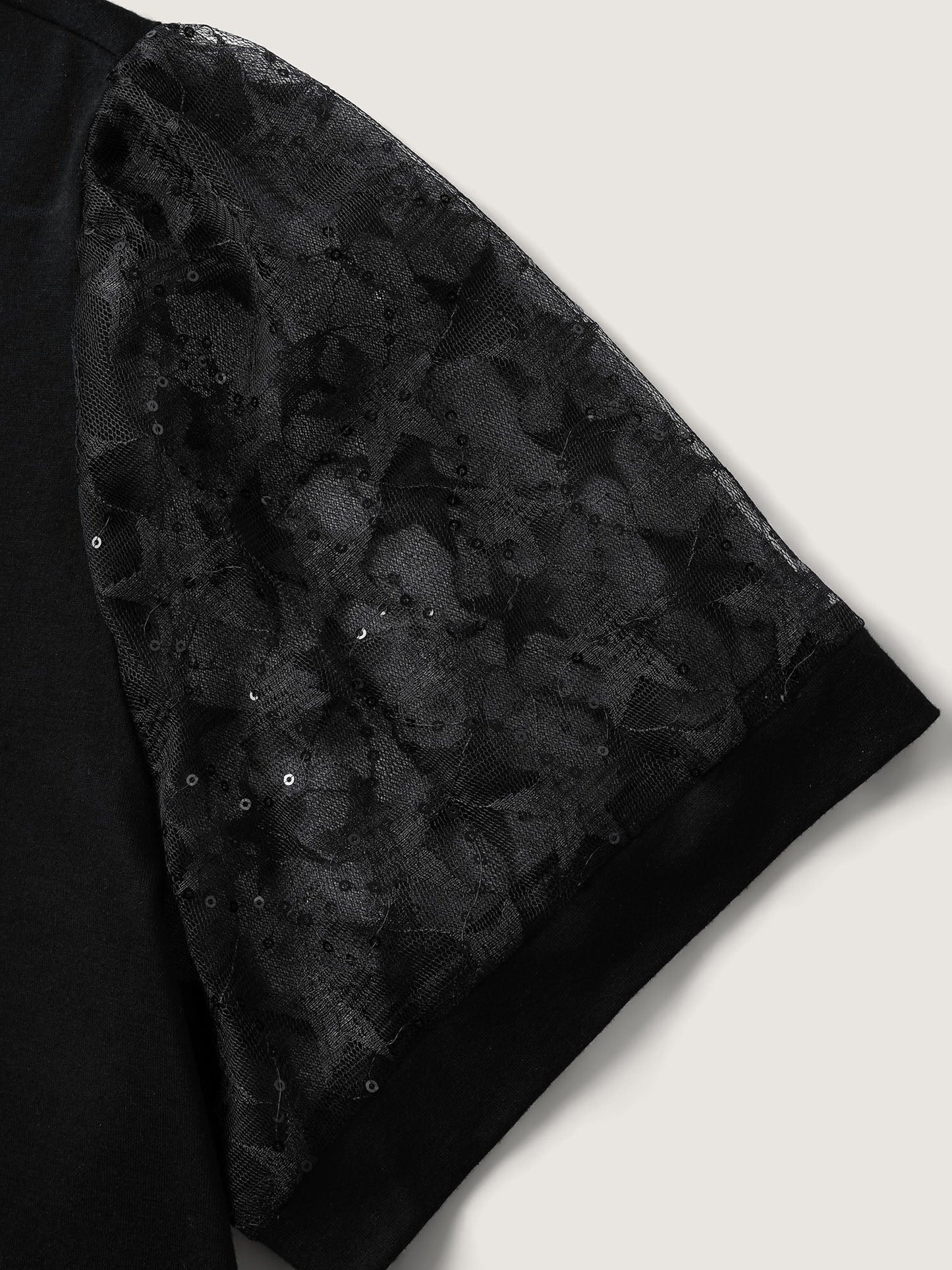 Beaded Mesh Sheer Patchwork T-Shirt