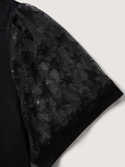 Beaded Mesh Sheer Patchwork T-Shirt