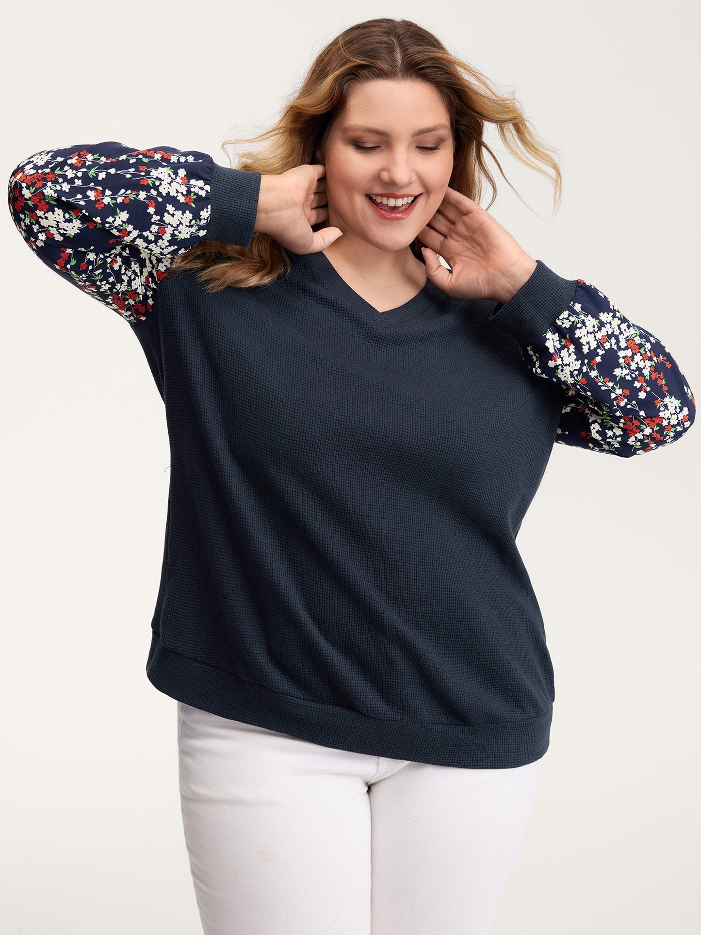 Textured Floral Sleeve V-Neck Sweatshirt