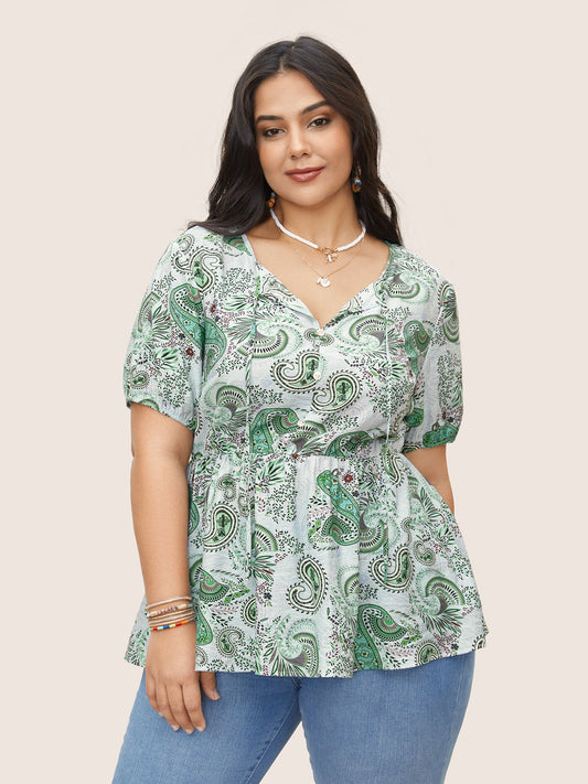Paisley Print Knot Elastic Waist Blouse