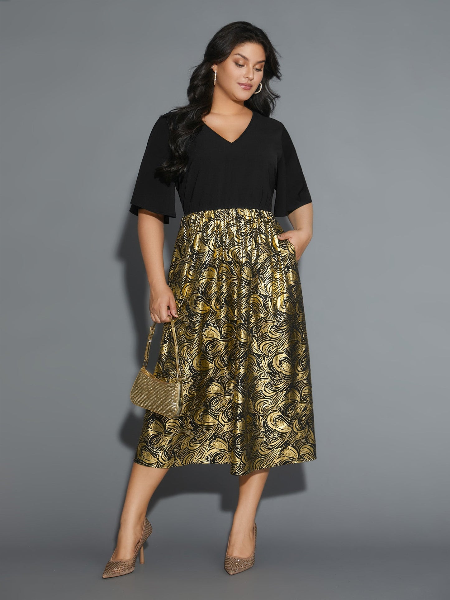 V Neck Glitter Flounce Sleeve Dress
