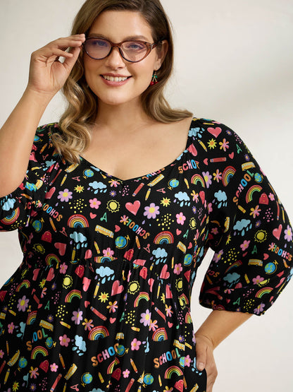 Playful School Print Rayon Deep Neck Midi Dress