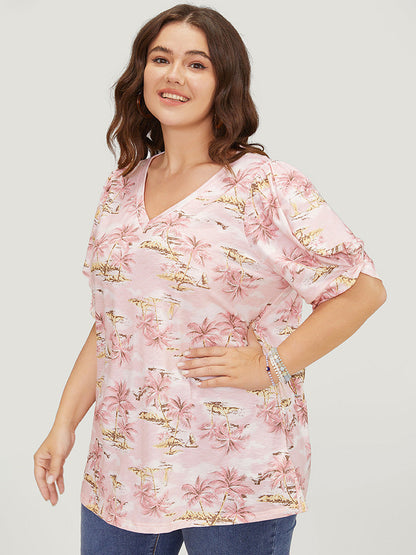 Coconut Tree Print Gathered Twist Sleeve T-shirt