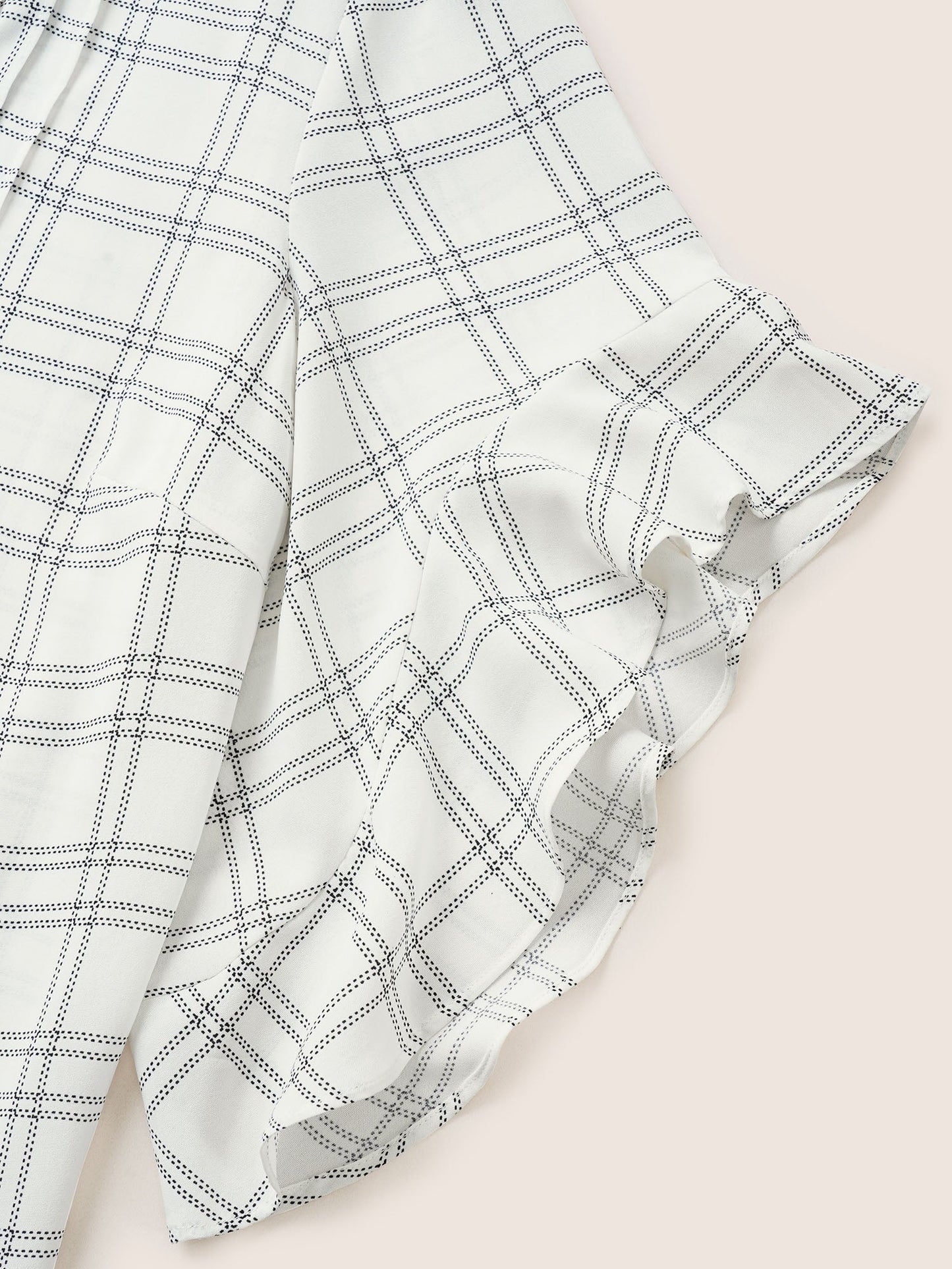 Plaid Notched Patchwork Ruffle Sleeve Blouse