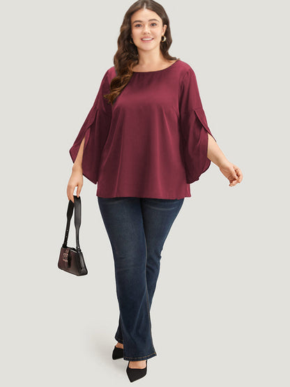 Plain Wrap Flutter Sleeve Crew Neck Blouse