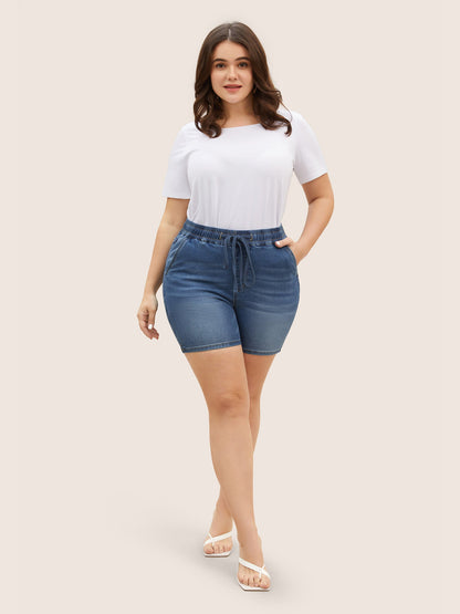 Light Wash Elastic Waist Drawstring Denim Shorts