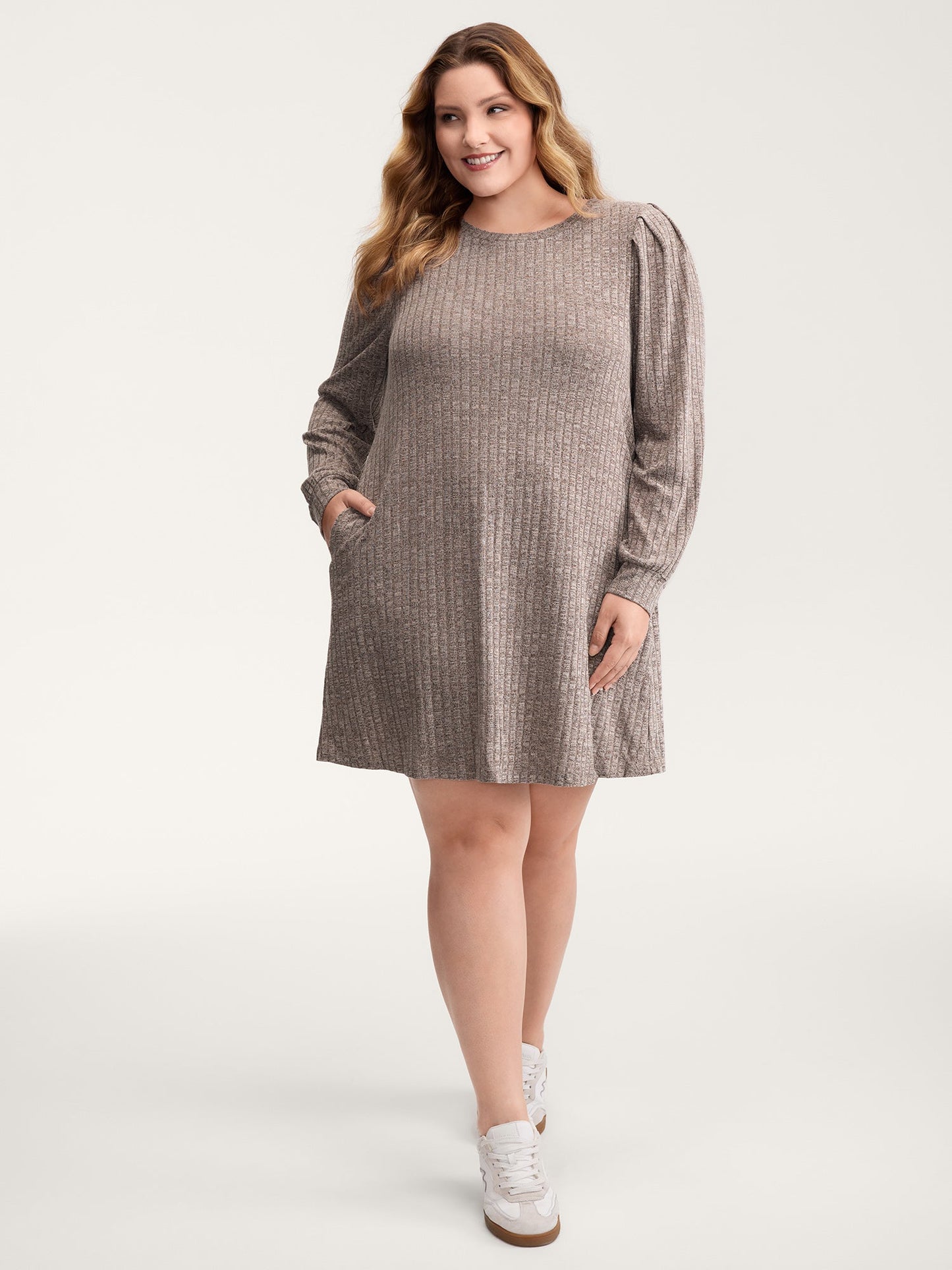 Ribbed Puffy Sleeve Knee-Length Sweater Dress