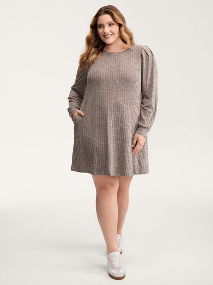Ribbed Puffy Sleeve Knee-Length Sweater Dress