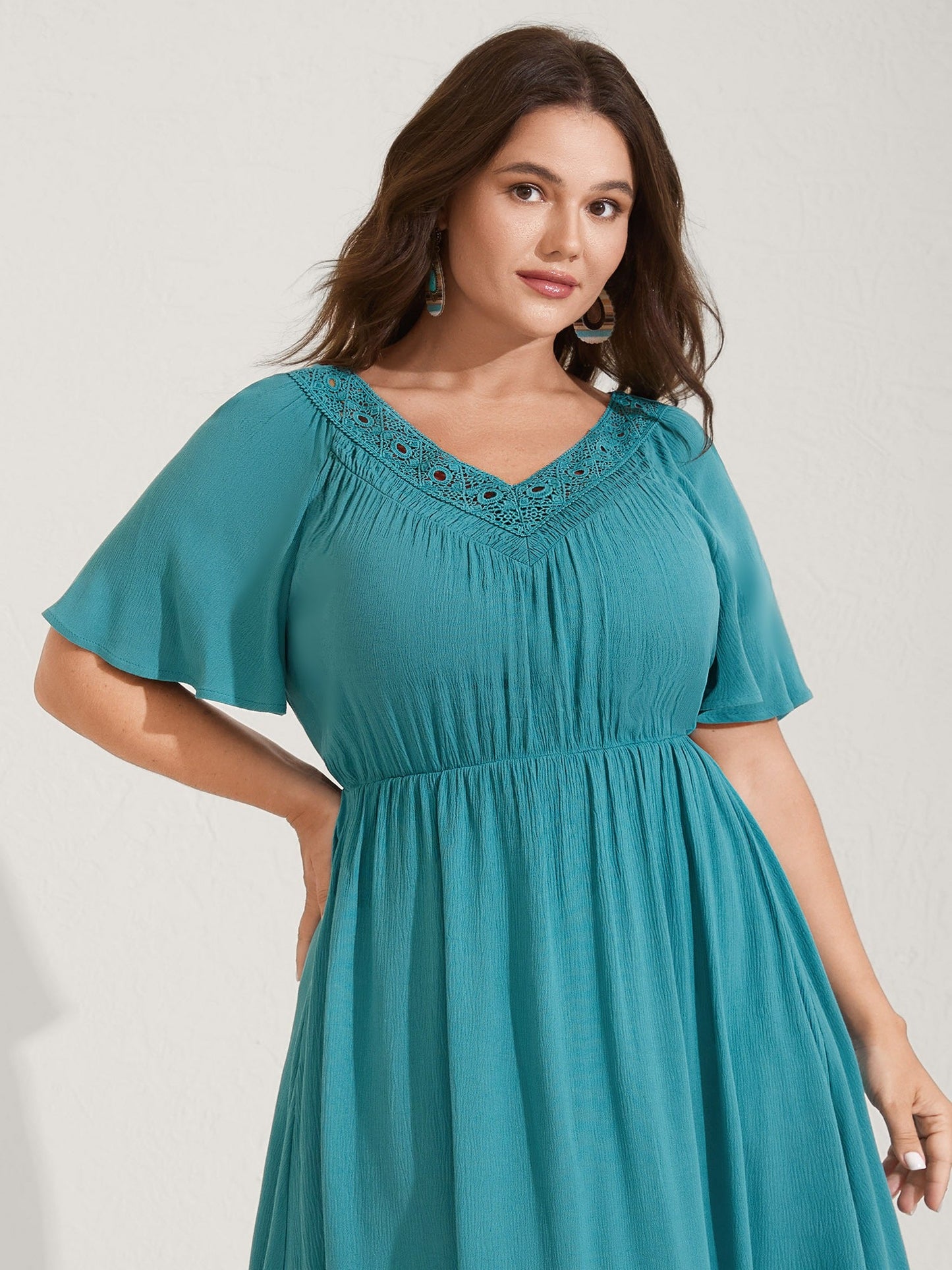 Lace Neck Flared Sleeve Midi Dress