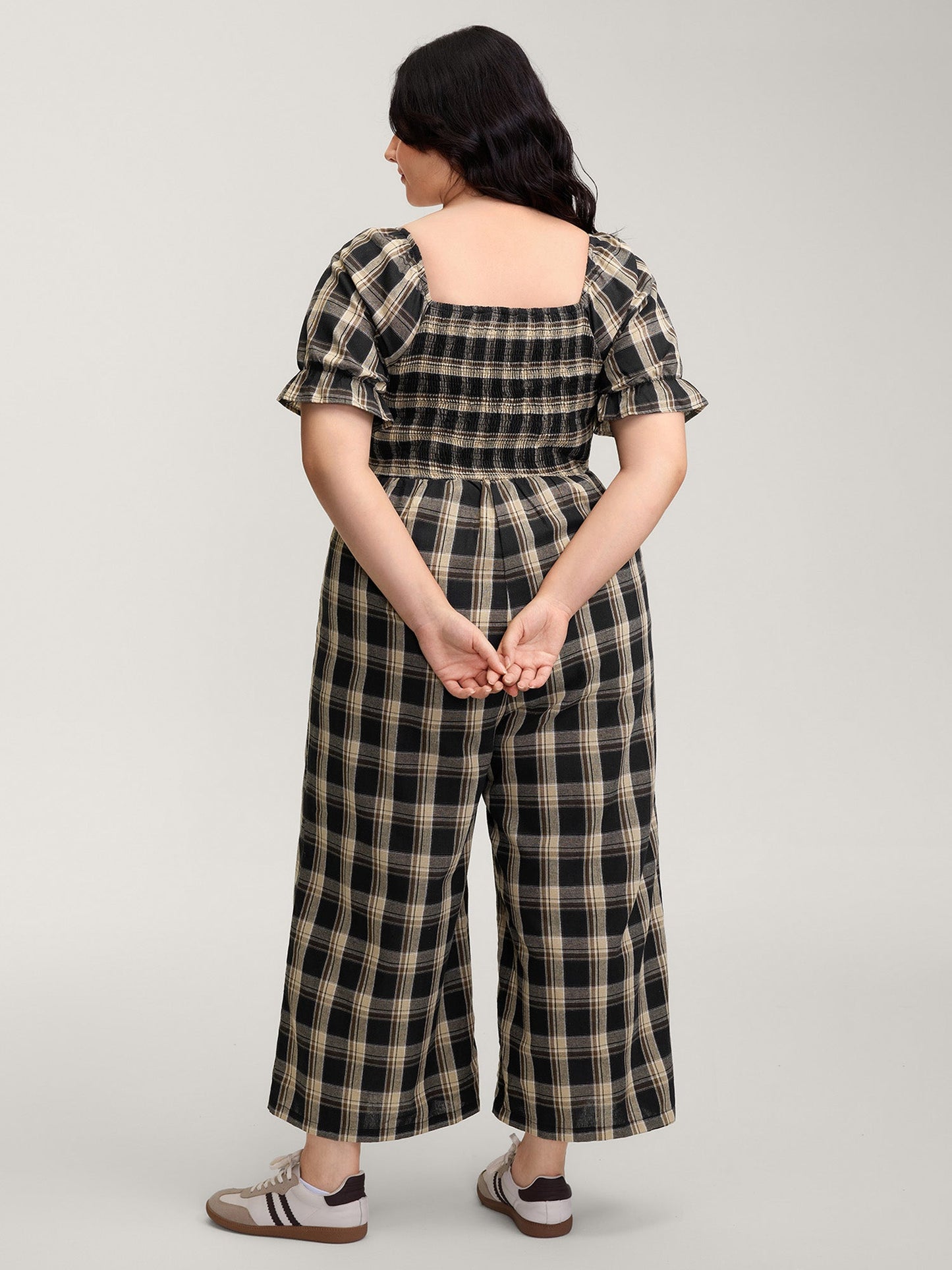 Classic Plaid Print Shirred Bodice Jumpsuit