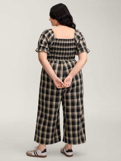 Classic Plaid Print Shirred Bodice Jumpsuit