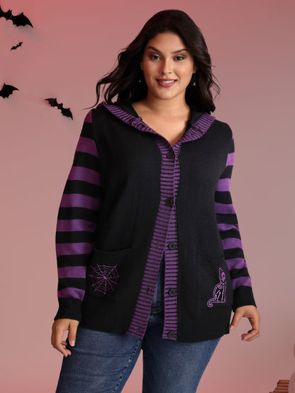 Stripes Sleeve Contrast Hooded Cardigan
