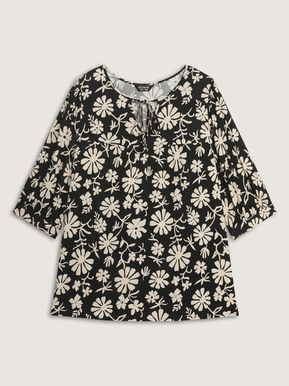 Floral Sleeve Neck-Tie A-Line Blouse