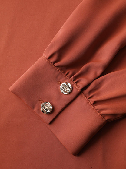 Pleated Neckline Metallic Buttons Blouse