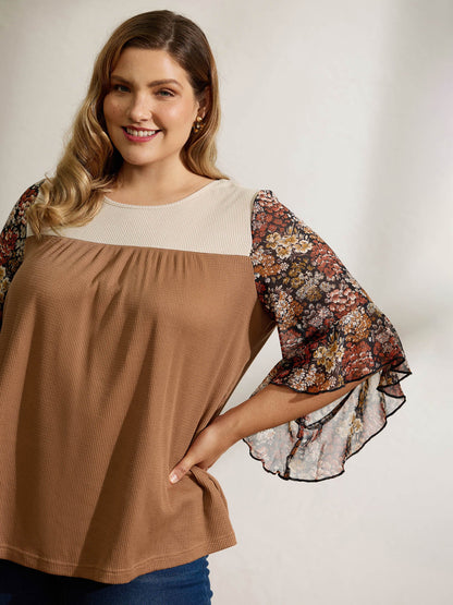 Colorblock Floral Sleeve Flowy Knit Top