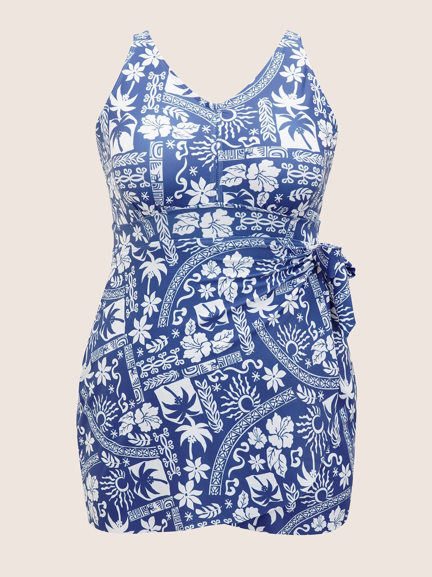 Tropical Print Gathered Tie Knot Swim Dress