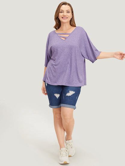 Solid Heather Keyhole Neck Dolman Sleeve T-shirt