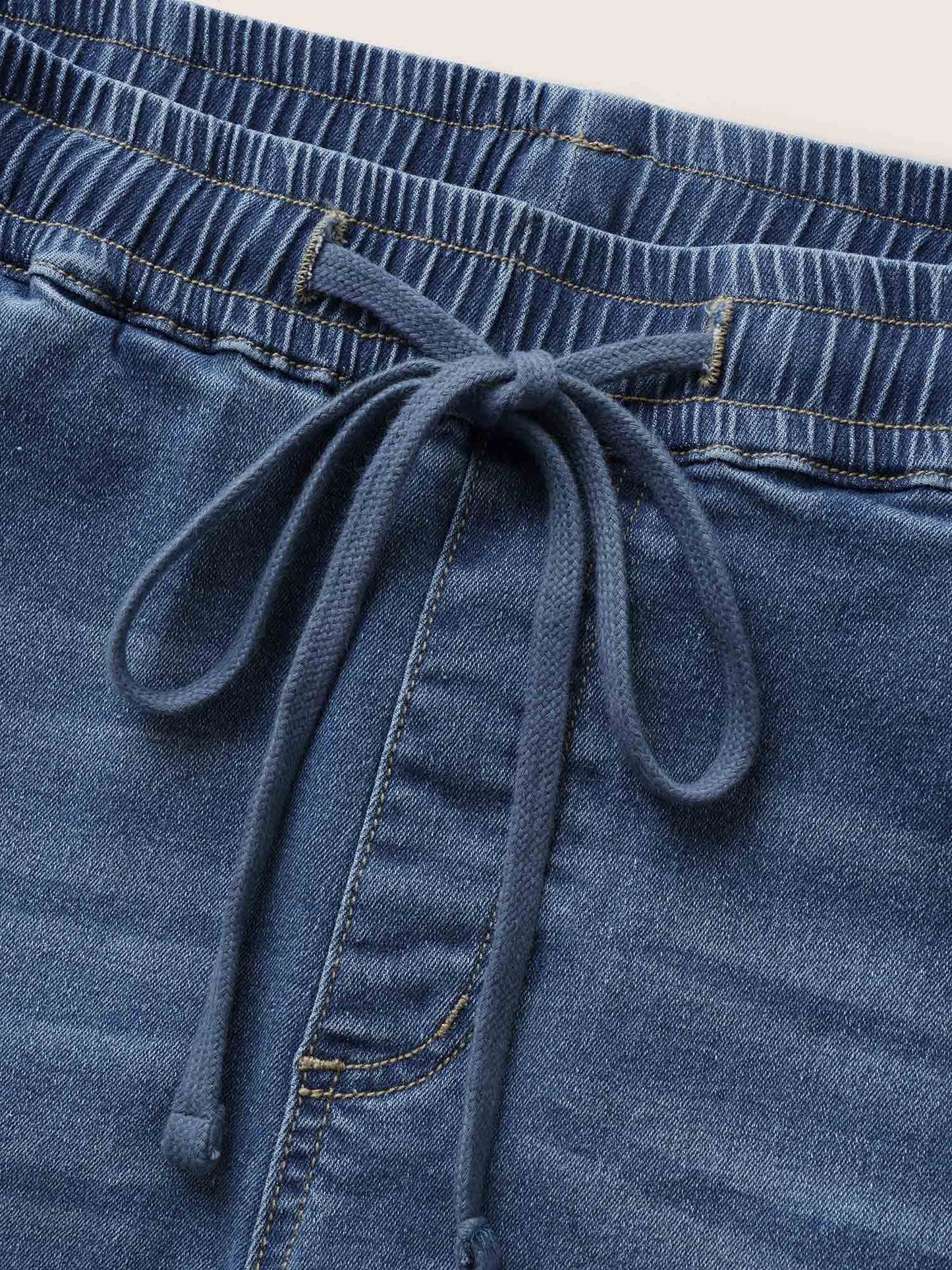 Light Wash Elastic Waist Drawstring Denim Shorts