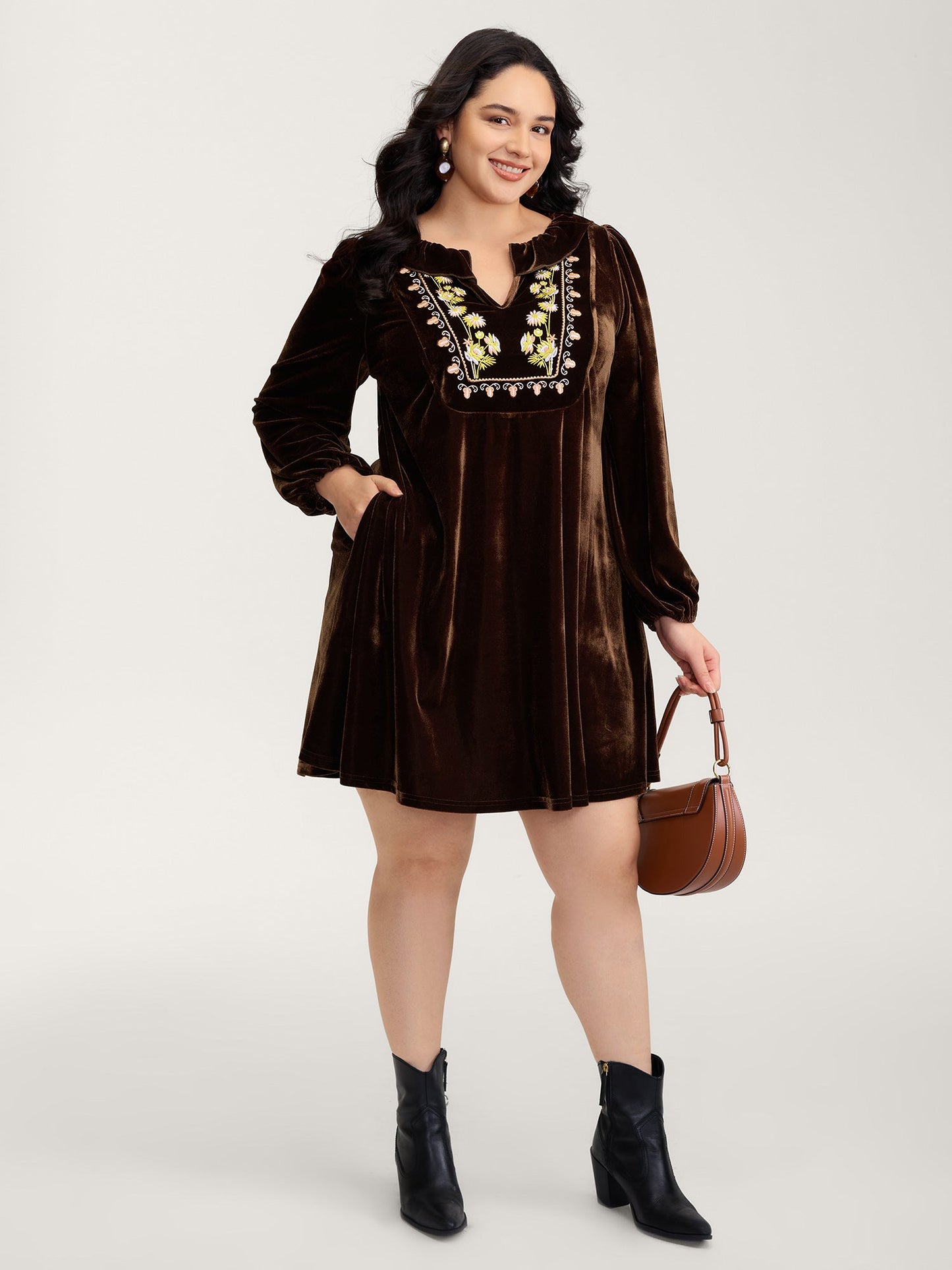 Velvet Floral Embroidered Neckline Knee-Length Dress