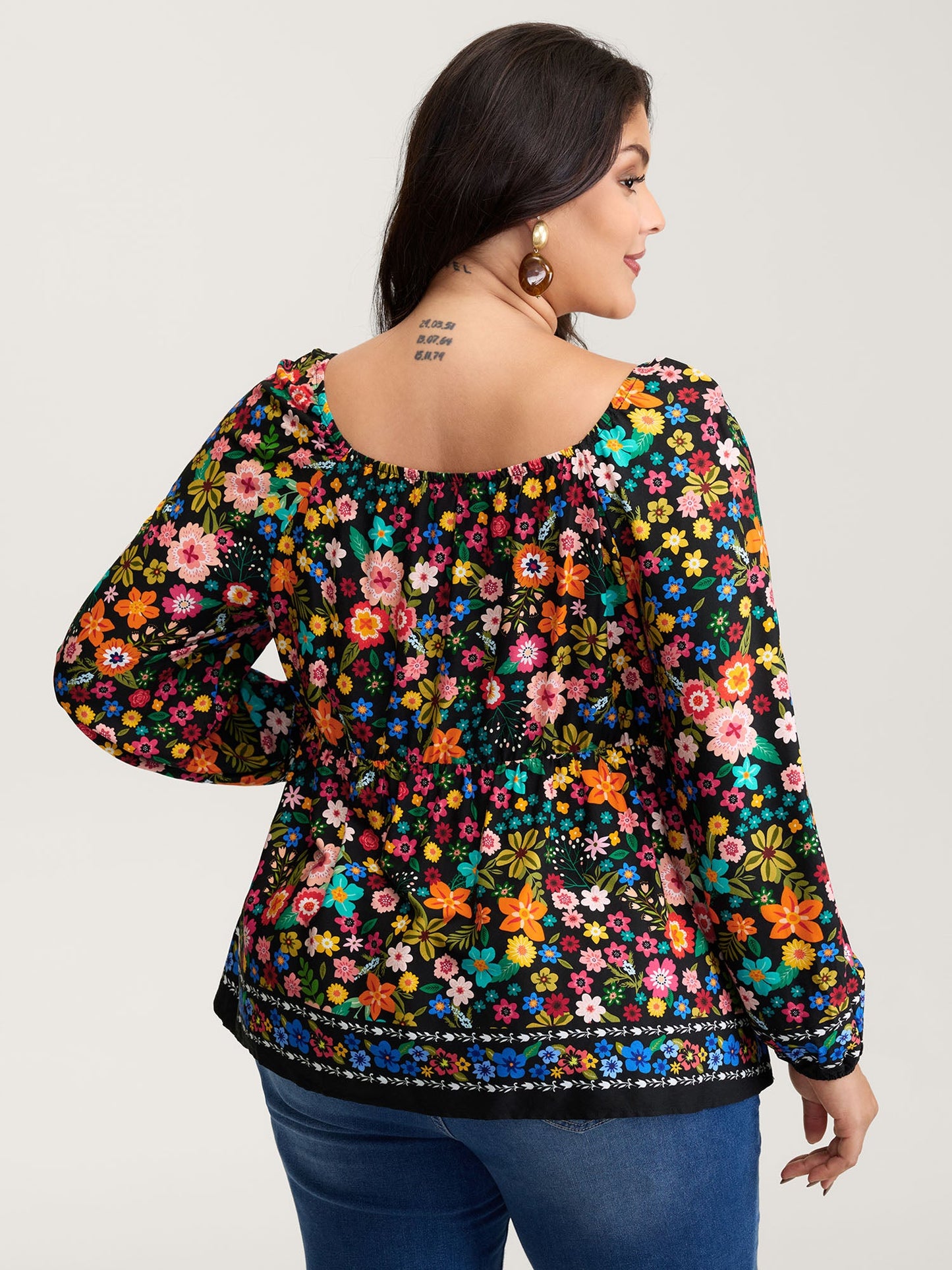 Colorful Floral Print Cinched-Flared Blouse