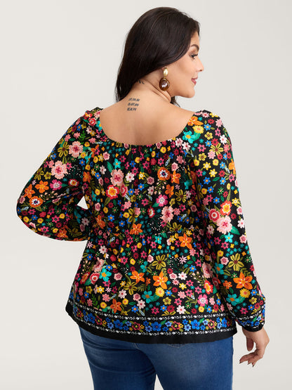 Colorful Floral Print Cinched-Flared Blouse