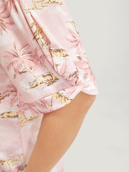 Coconut Tree Print Gathered Twist Sleeve T-shirt