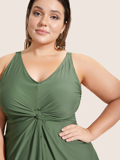 Plain Twist Front Gathered Swim Dress
