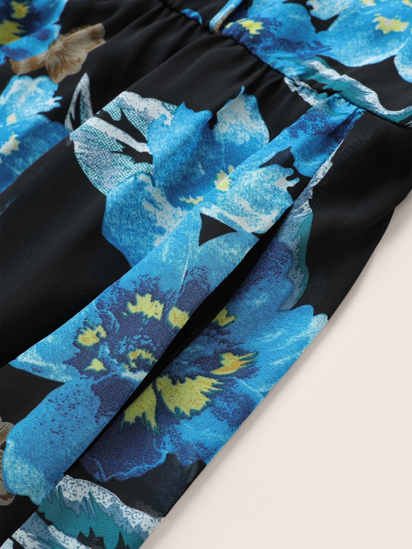 Floral Print Surplice Neck Belted Mesh Dress