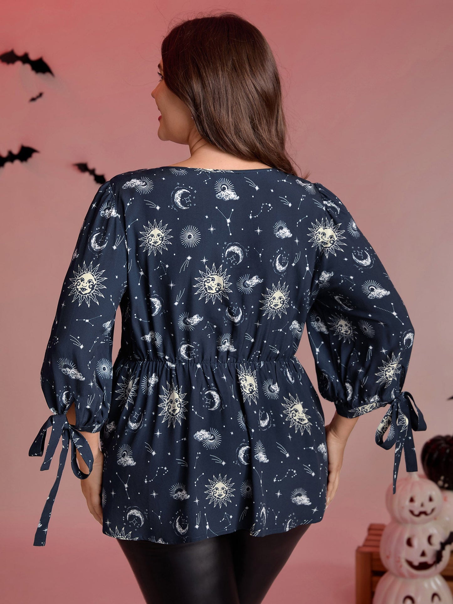 Star and Moon Print Sleeve Tie Blouse