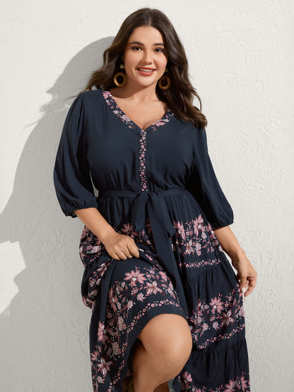 Floral Position Print Belted Maxi Dress