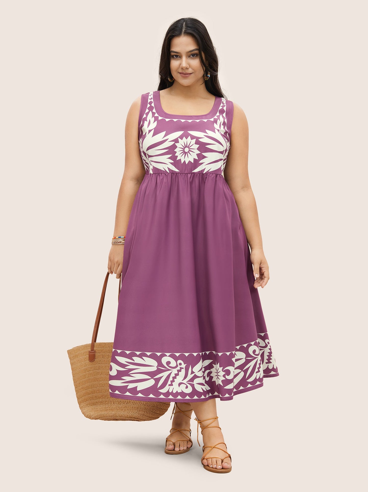 Boho Print Square Neck Elastic Waist Tank Dress